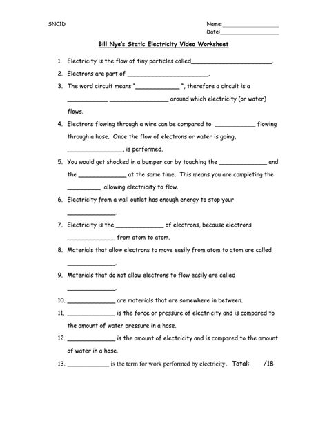 Bill Nye - Electricity – Worksheet, Answer... by Star Materials